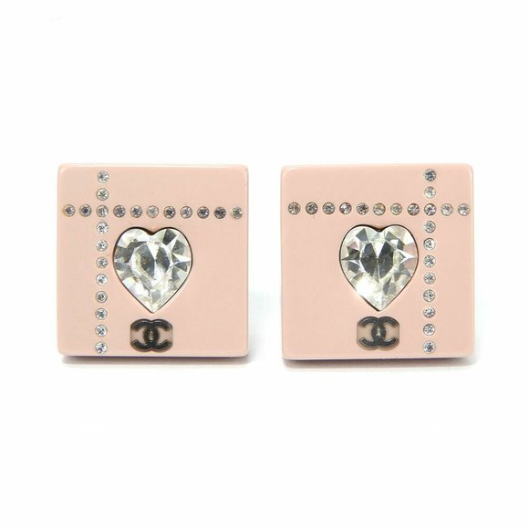 CHANEL Earrings Square Coco Mark Heart Rhinestone Pink Silver Plated 04A Accesso - Picture 1 of 9